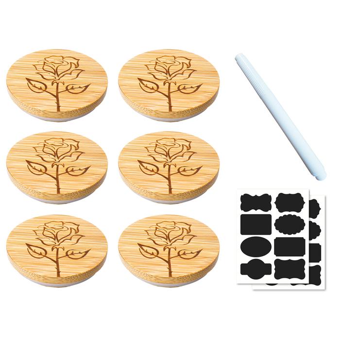 Yogurt Jar Lids Set Bamboo Jar Lids With Rose Pattern Glass Storage