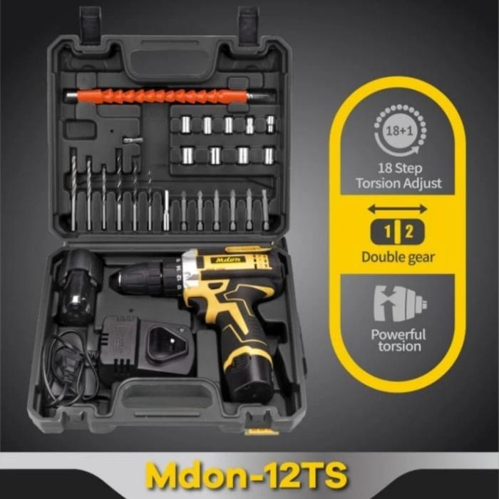 Mesin Bor Baterai Cordless Drill MDON 12v Set Mata Bor 12TS / JLD 12s