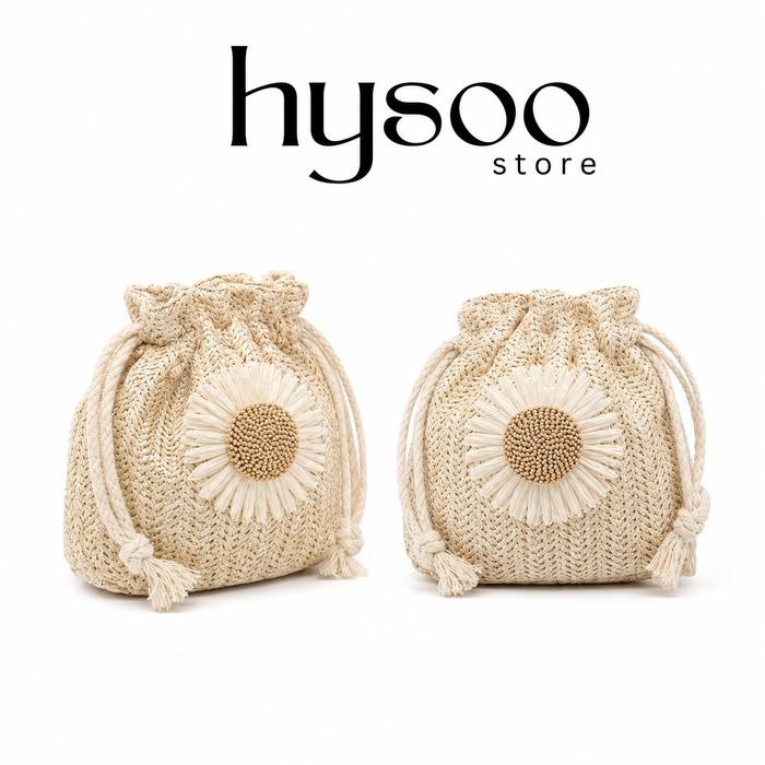 Hysoo Store TS2065 Tas Selempang Wanita Anyaman Jerami Motif Bunga Matahari
