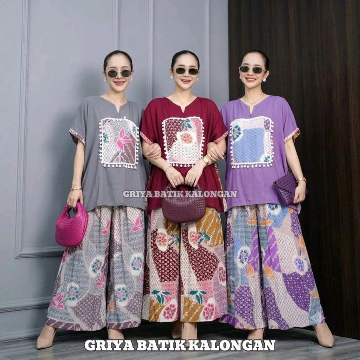 Keisya Set - One Set Oversizi Pom Pom Lengan Pendek Bahan Rayon Viscose Mix Twill Premium Setelan On