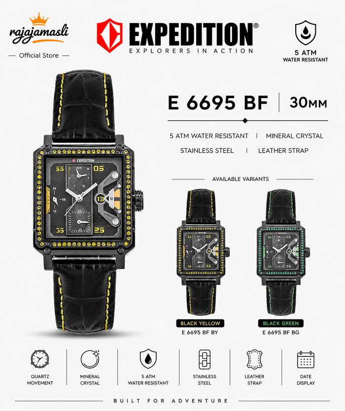 Expedition E 6695 BF Jam Tangan Wanita Black Dial Leather Strap 30mm Stainless Steel 5 ATM Water Res