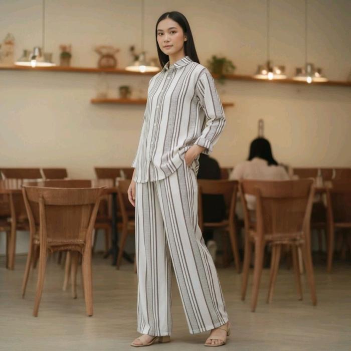 [ gb.id ] Mecca One Set | Setelan Kemeja Motif Salur Kain Katun Poli Micro untuk Tampilan Elegan dan