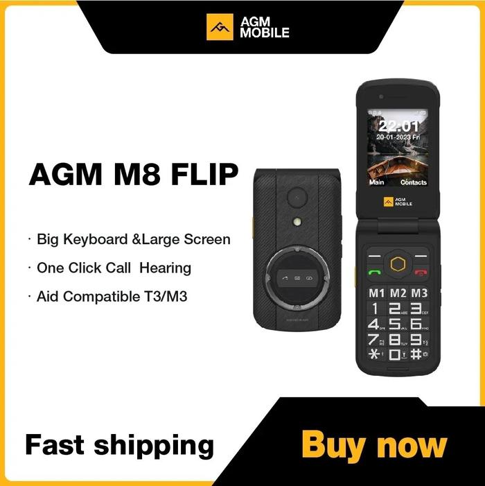 AGM M8 Flip Mobile Phone Unlocked Elderly Feature Phone SOS Quick Call English Russian Keyboard Rugg