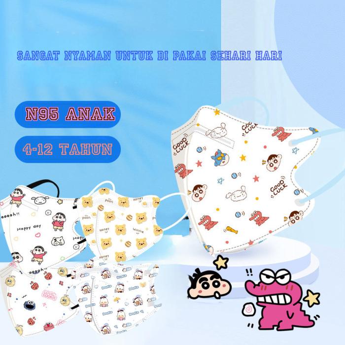 Masker Duckbill Anak 3-12 Tahun N95 Premium Tali Warna Warni Isi 10 Pcs Motif Mixed Filter 95% PM25 
