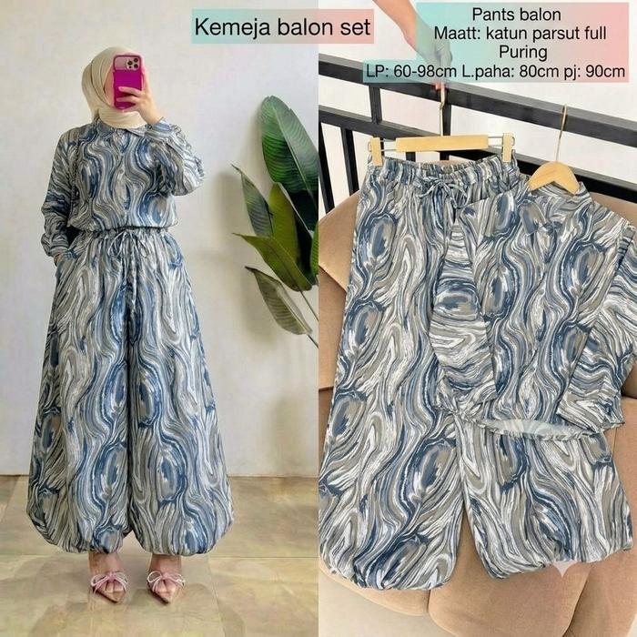One Set Celana Balon Wanita Kemeja Shakila Premium Setcel Casual Busui Friendly OOTD Kekinian | Yutr
