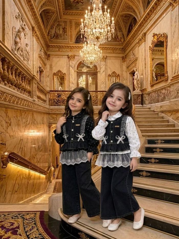 Setelan Baju Anak Perempuan Trendy Celana Kulot Levis Jeans Kemeja Polkadot Outer Renda Layer Bros P