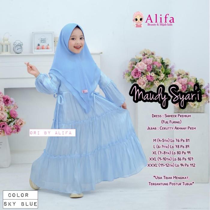 Angela Vol 2 Maudy Set Kid syari Terbaru Edisi Lebaran Usia 4-12 Tahun Bahan Ceruty Printing