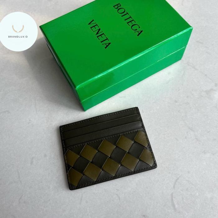 BOTTEGA VENETA INTRECCIATO BICOLOUR CARDHOLDER IN KAKI/ OLIVE OIL 6CC+SLOT