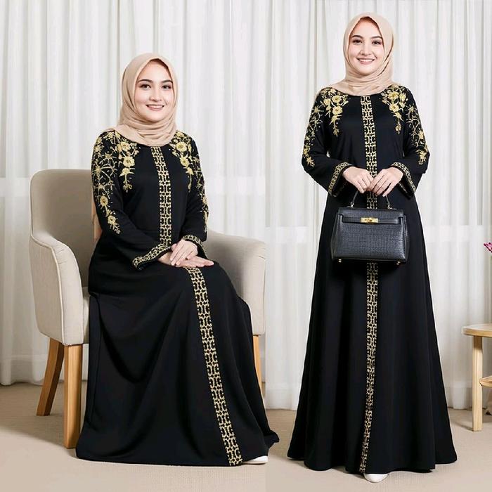 RENATA Abaya bordir GOLD, resleting belakang, jetblack Premium abaya by anugerah berkah abaya