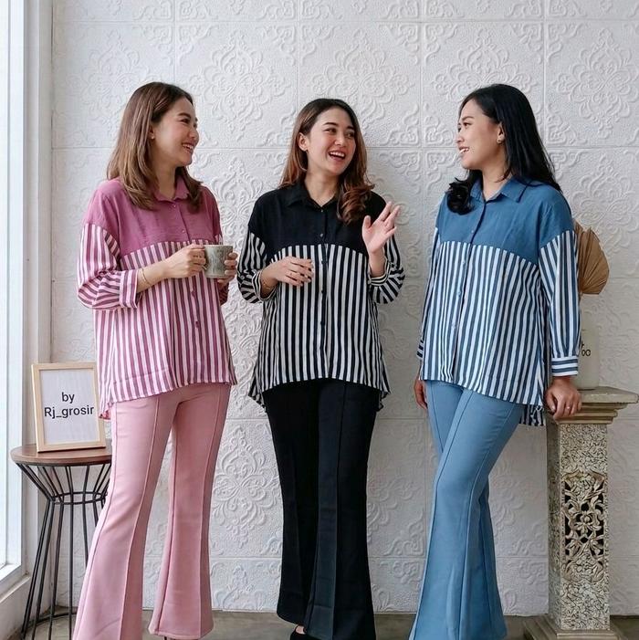 Setelan Wanita Arisa Blus Crincle Motif Dan Celana Scuba Cutbray Panjang
