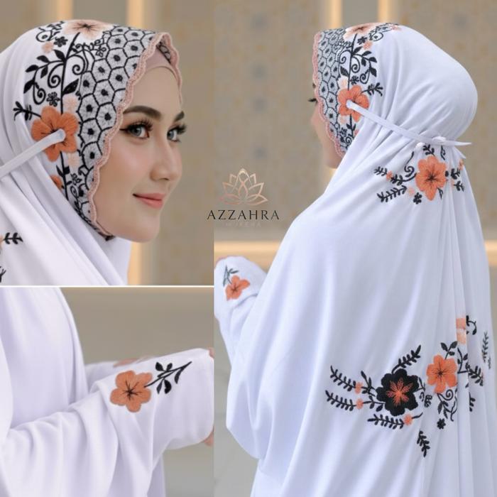 MUKENA POCONG SANTRI DEWASA BORDIR LAJURAN POLINO PUTIH BORDIR DAUN HITAM BUNGA WARNA | MUKENA PRO M