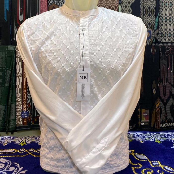 MK Kemeja Koko Slimpit Pria Muslim Kinaro Putih Polos Motif Brukat Elegan dan Nyaman