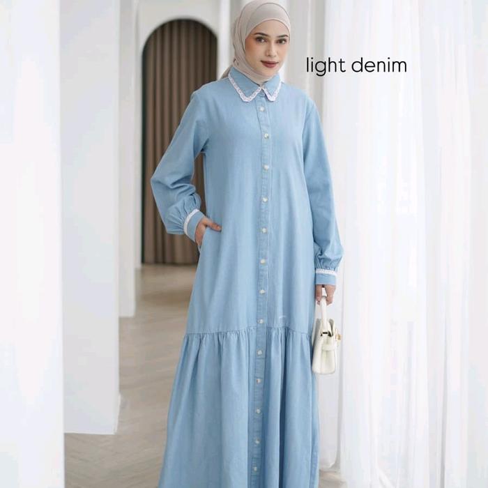 denim dress by elsiete Gamis Muslim Wanita Dewasa Remaja Lebaran Pesta Kondangan Gaun Busui Simple