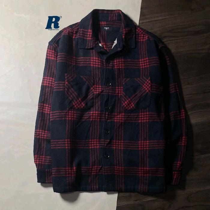 Kemeja Lengan Panjang Jacket Flannel Shirt Sherpa Outer Tebal 4 Pocket POLHAM Size L fit XXL Unisex