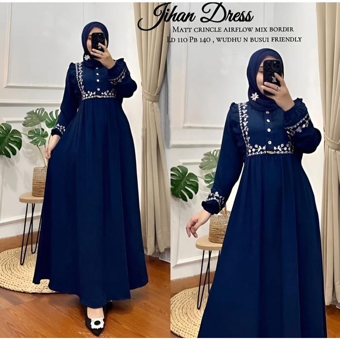 Terbaru Vallina Outfit - Jihan Maxy Gamis Bordier Muslim Wanita Premium Cringkle Airflow Lebaran Ter