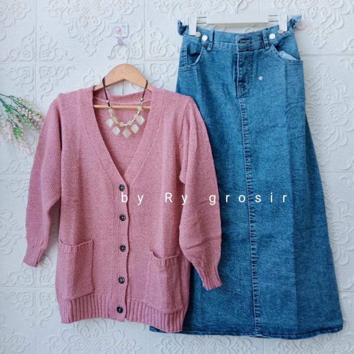 Setelan Wanita Ara Kardigan Rajut Polos Rok Span Jeans Jumbo Panjang