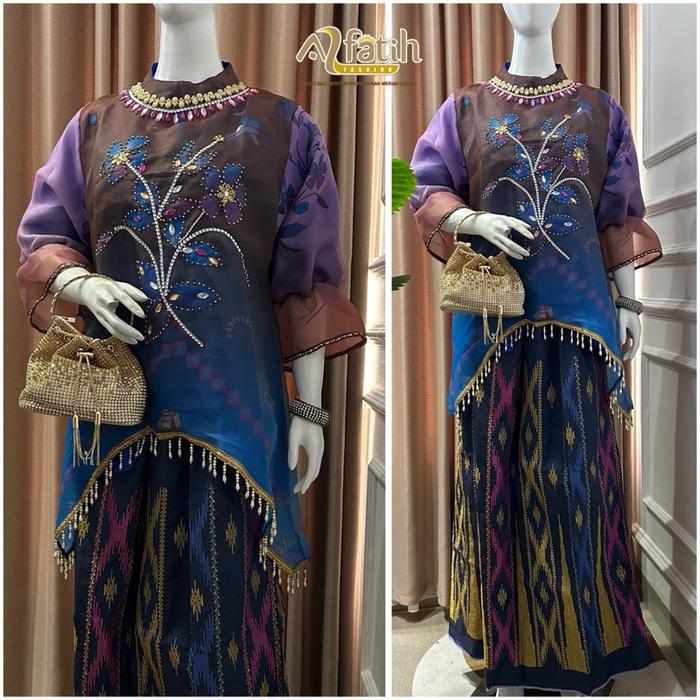 Organza Motif Full Printing Mewah Payet Leher Serut Samping Rendah Rumbai, Baju Bodo Mewah Bugis Mak