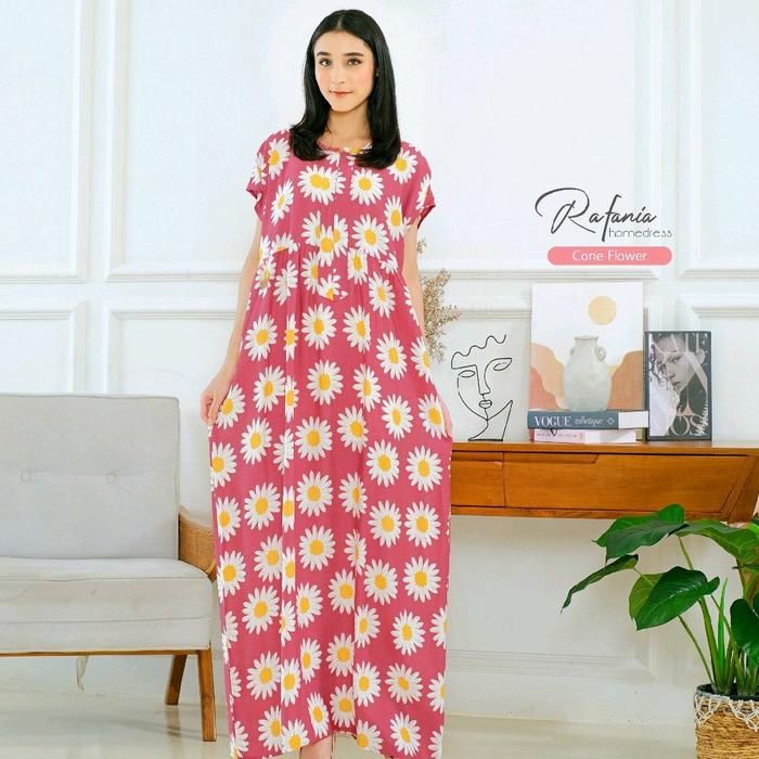 Rafania Homedress ORI by Yessana | Daster Rayon Twill Motif Bunga Adem detail zipper depan & saku ka