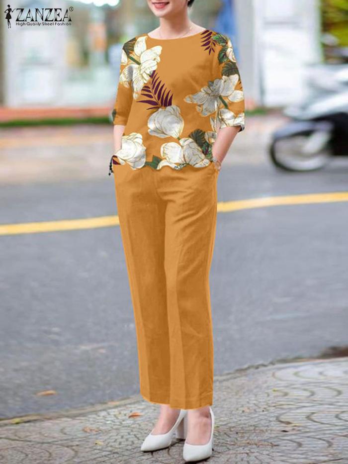 ZANZEA 2PCS Fashion Short Sleeve Floral Blouse Pant Sets Women Office Work Suit Summer Tracksuits El