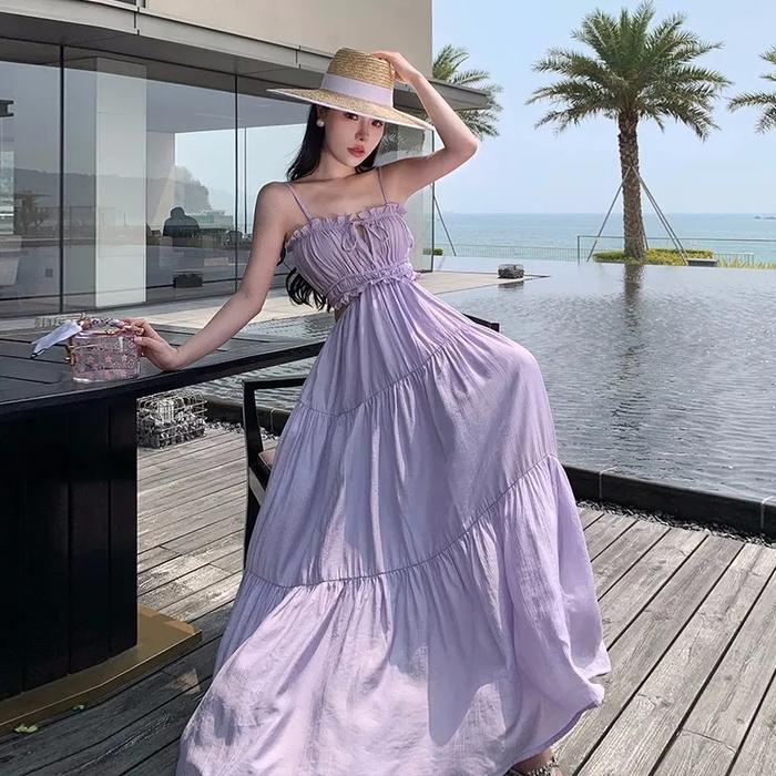 Maxi Dress Wanita Singlet Sabrina Crop Top Backless Puff Balon rempel susun serut Pantai Cassual Ell