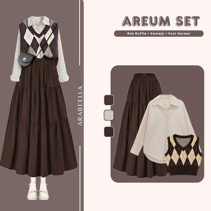 Setelan Wanita Areum / Rok Ruffle Susun Panjang / Atasan baju Kemeja Basic / Vest Rajut / 1 One Set 