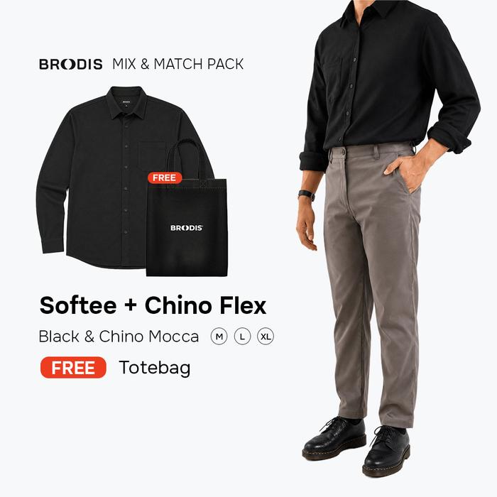 Broodis WFC Bundle | Chino Flex + Kemeja Softee Outfit Kerja Kasual 2 Artikel FREE Goodie Bag | Blac