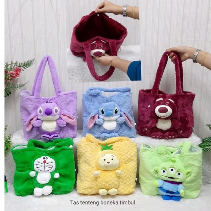 tas boneka stitch biru ungu lotso pooh kucing. tas wanita remaja dewasa bahan bulu boneka halus