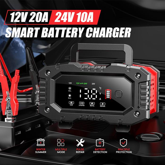FOXSUR 20A/10A Car Motorcycle Battery Charger 12V/24V Smart Charger Lithium AGM GEL Lead-Acid LiFePO