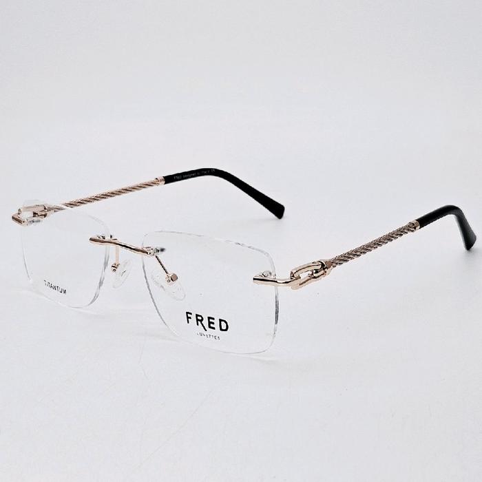 Frame Kacamata Pria Wanita Elegan Kotak Fred Frameless Bor Titanium FR25611 Gold Bisa Lensa Photocro