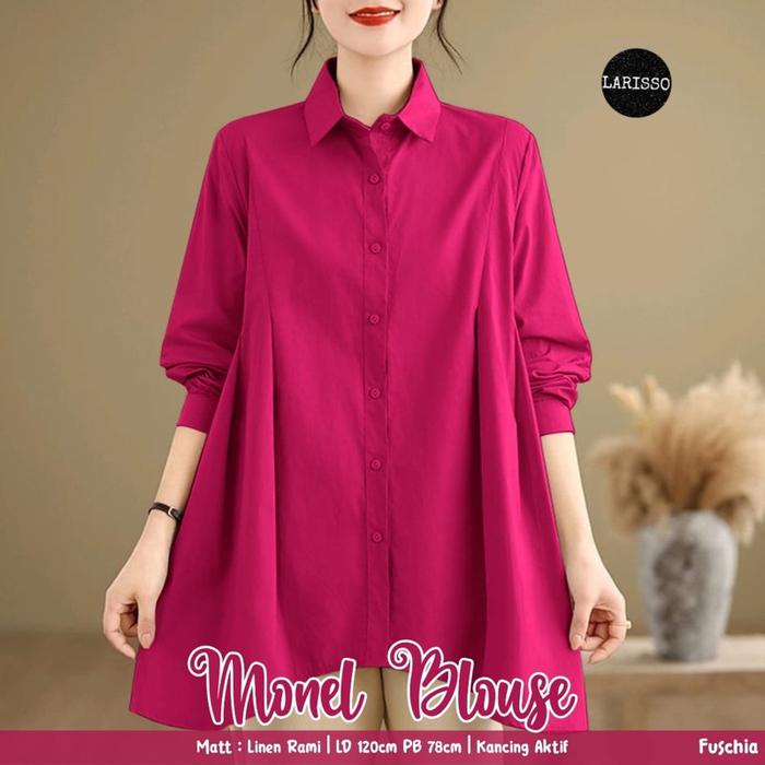 Monel blouse wanita by LARISSO (atasan blouse kemeja polos, bahan linen rami, tunik polos)