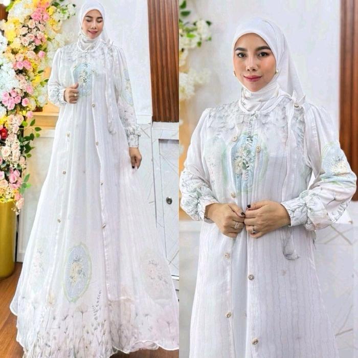 WHITE RAYA SERIES BY HUMAIRA SYARI GAMIS CERUTY PREMIUM ORGANZA SEMI OUTER PRINTING SET JILBAB SEGI 