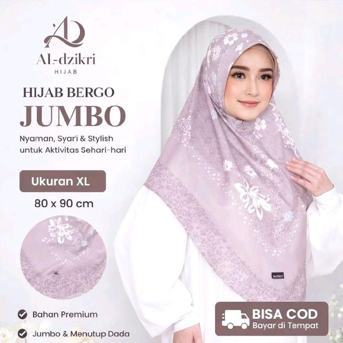 Al-dzikri Hijab Bergo Jumbo Jilbab Instan Jersey Printing Kerudung Wanita Dewasa Ukuran XL 80x90cm B