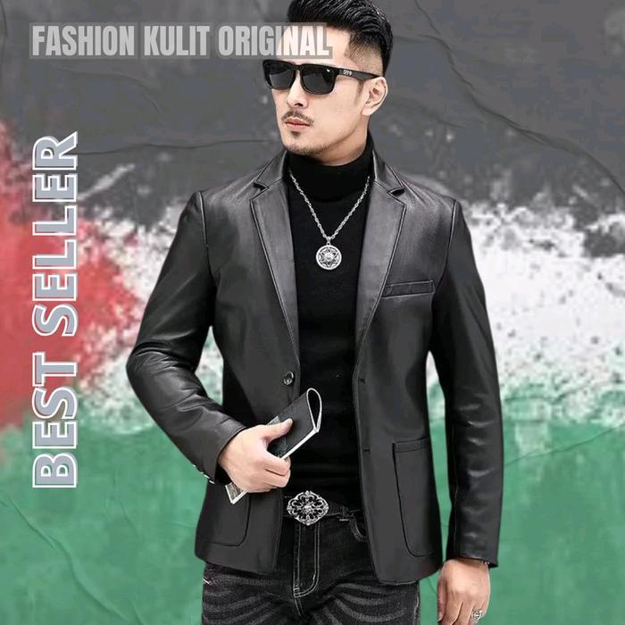 PROKULITAN- Jas Blazer Pria Model Safari- 100% Kulit Domba Original- Jaket Kulit Formal- Hitam Cokla