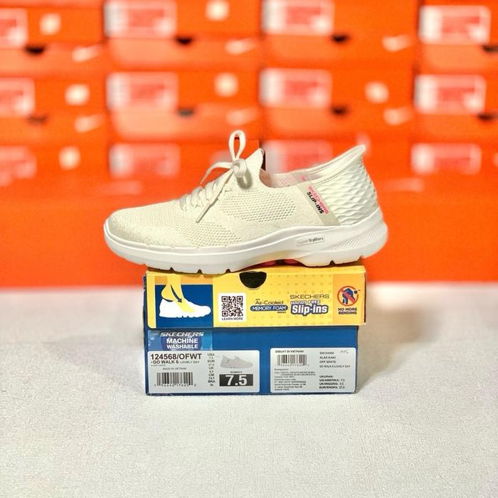SEPATU WANITA SKECHERS GO WALK 6 OFF WHITE ORIGINAL (124568/OFWT) Shoes Kasual