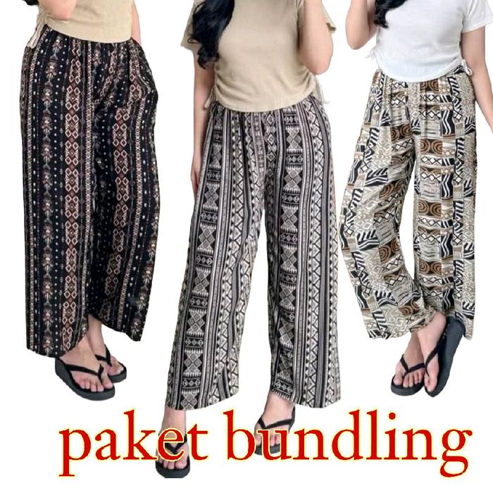 [PAKET HEMAT] Celana Kulot Rayon Premium Ans.id Wanita Panjang Motif Bawahan Katun - Isi 3Pcs - Airf