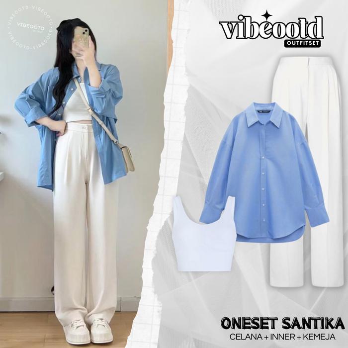 Santika Outfit Set  Wanita Hijab ( Celana Kulot Loose Pants Putih Scuba +  Baju Kemeja Kerah Katun B
