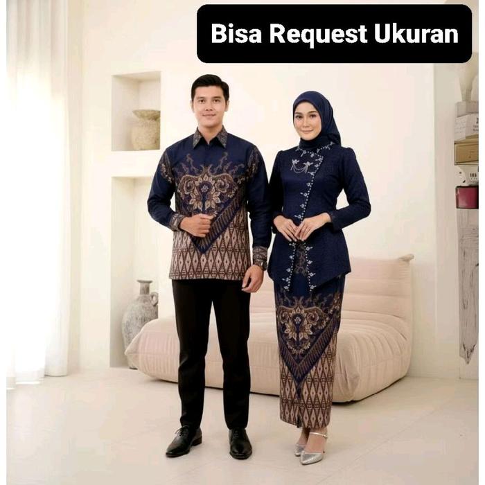 SET KEBAYA JANGGAN POLA NAVY ORI COUPLE KEMEJA PREMIUM CUSTOM ANAK & JUMBO / BAJU SETELAN SERAGAM BA