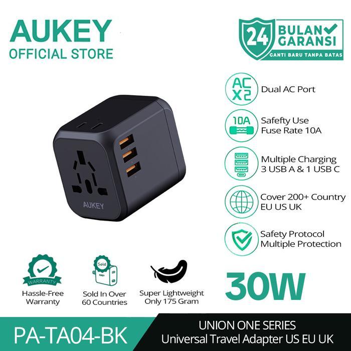 AUKEY Universal Travel Adaptor PA-TA04-BK Type C 30W 4 In 1 EU US UK