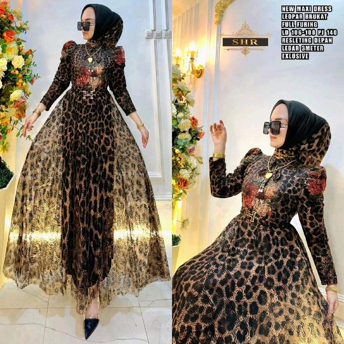 Ready!! Gamis Leopard Brukat Ori SHR Maxi Dress Wanita Motif Pesta