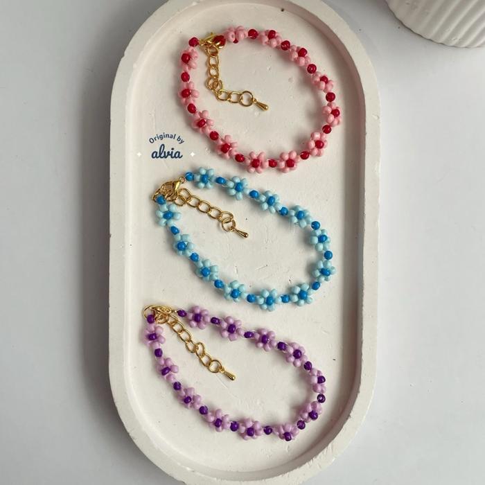 Gelang Daisy Warna Pastel - Aksesoris Wanita Perhiasan Manik Pasir Handmade DIY Bunga Rantai Gold