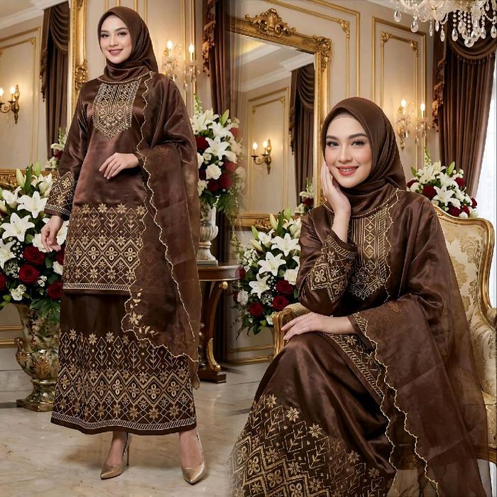 Set Selendang Katrina Bahan Yokohama Silk Premium Kebaya Pesta Wisuda Lamaran Atasan Bawahan Bordir 