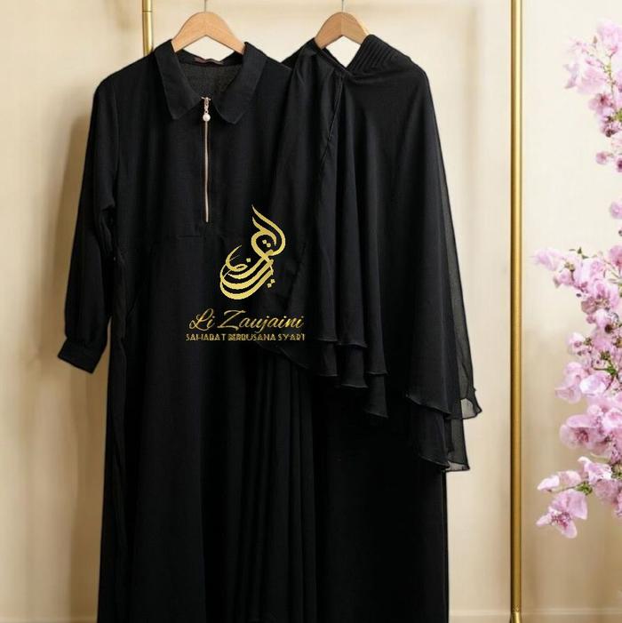 Set Jubah Gamis Hitam Akhwat Jilbab Safar Rit Mutiara  Jetblack Bonanza Superior