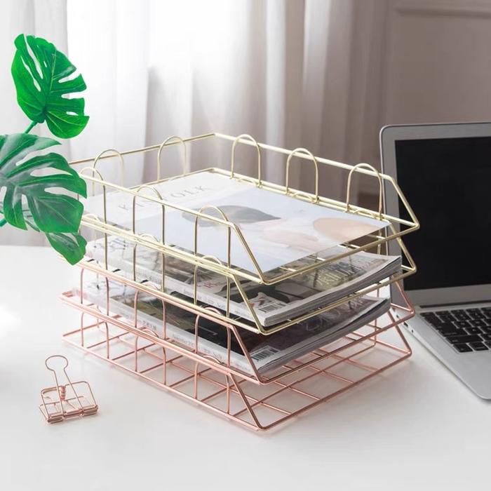 Golden Metal Document Tray Office Organizer Layered Paper Storage