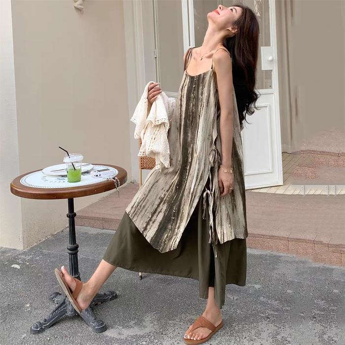 Moria Qz267 Tanktop Dress Panjang Bali Daster Retro Style Tie Dye Low Collar Suspender Dress Elegant
