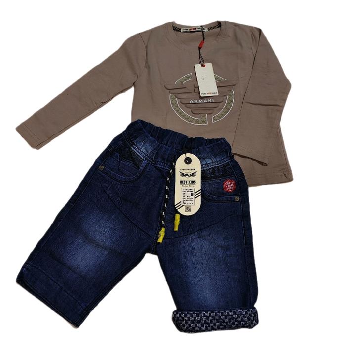 Armani Setelan Anak Laki-laki - Atasan Lengan Panjang Coklat & Celana Jeans Biru Tua