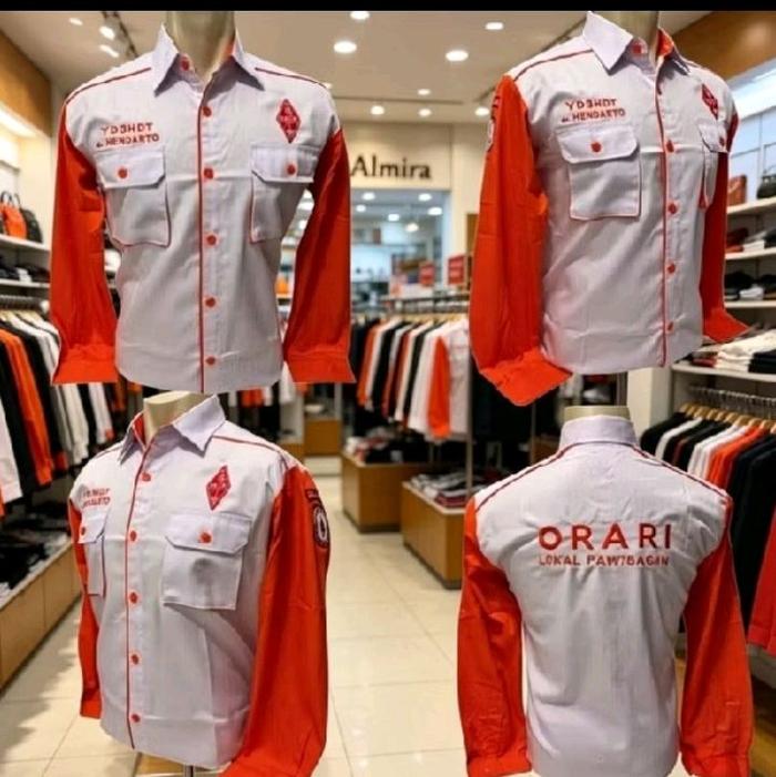Kemeja orari lengan panjang putih kombinasi Oren kemeja orari lengan paanjang