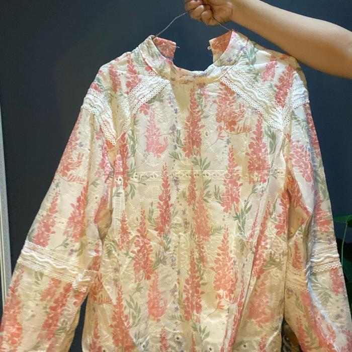 Blouse Bunga Brokat Lengan Panjang Wanita Putih - Oversize, Atasan, Top, Baju, Katun, Casual, Cewek,