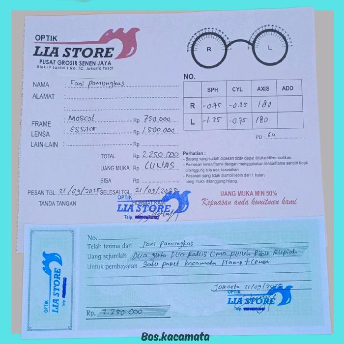 Lia.Store Nota Optik | Bon kacamata | Kwitansi Pembelian Kacamata