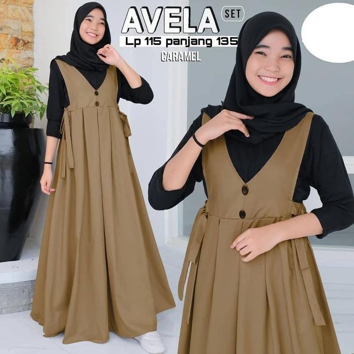 Dress Gamis set inner muslim remaja elegan Avela untuk usia 7-16 Tahun bahan Katun Terbaru 2026 Baju