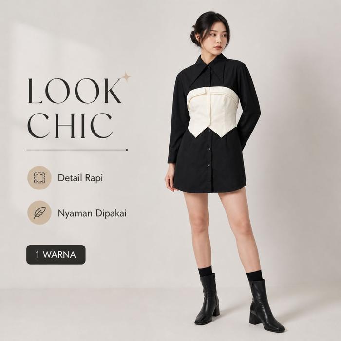 FOLADY - M608 Blouse Kemeja Wanita Korean Style Lengan Panjang Kombinasi Bustier Premium Elegan Slim